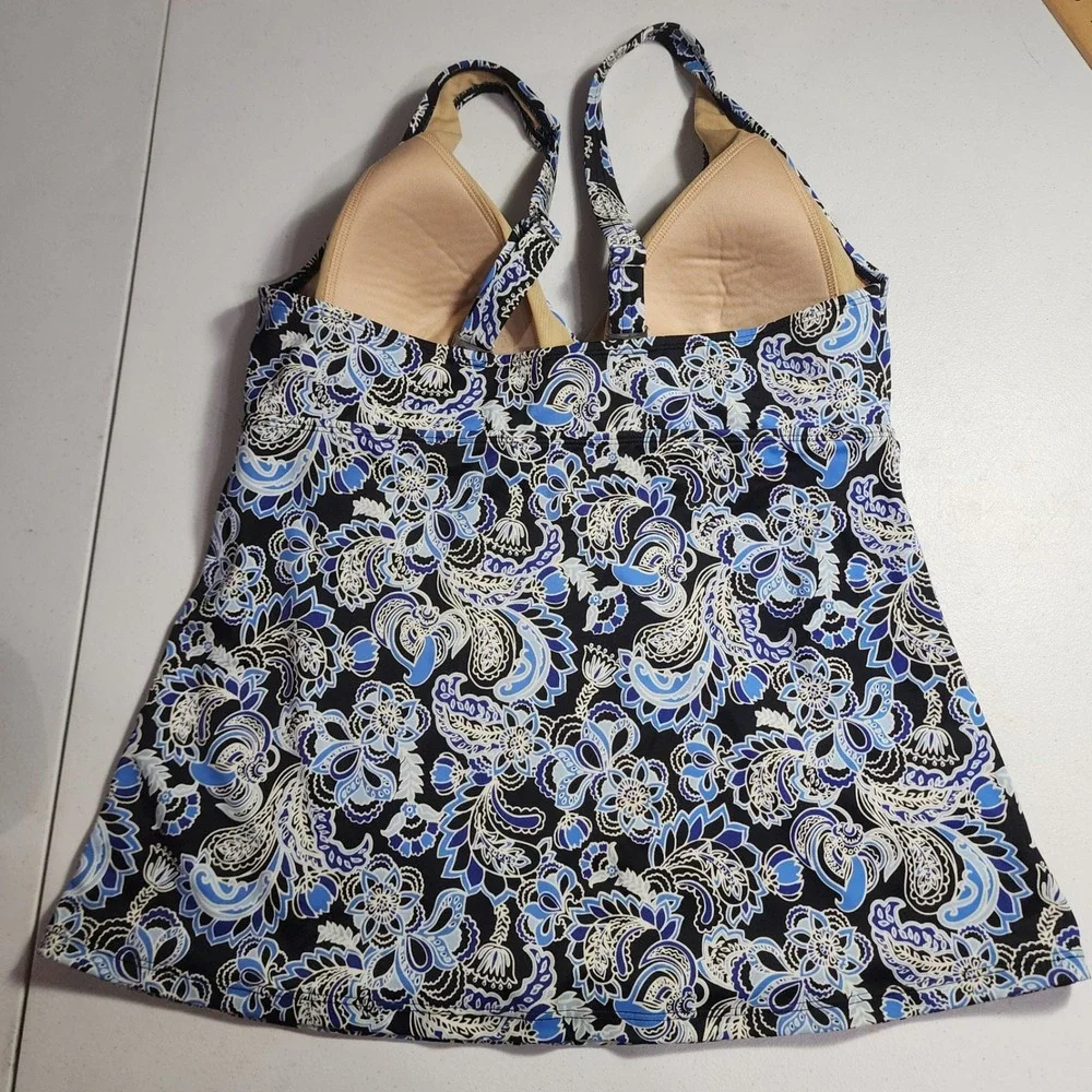 LL Bean Blue Paisley Tankini Swim Top UPF 50+‎ Size 14 pad bra adjustable straps
